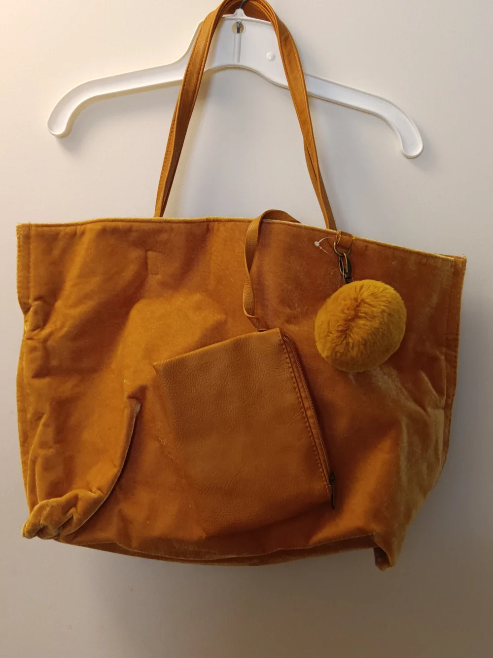 Mustard Velvet Tote Bag with Pom Pom Accent